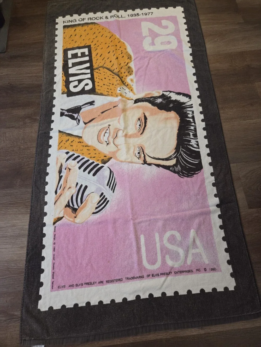 Vintage 1992 Elvis Presley Beach Towel 29 cent Postage Stamp Graphics